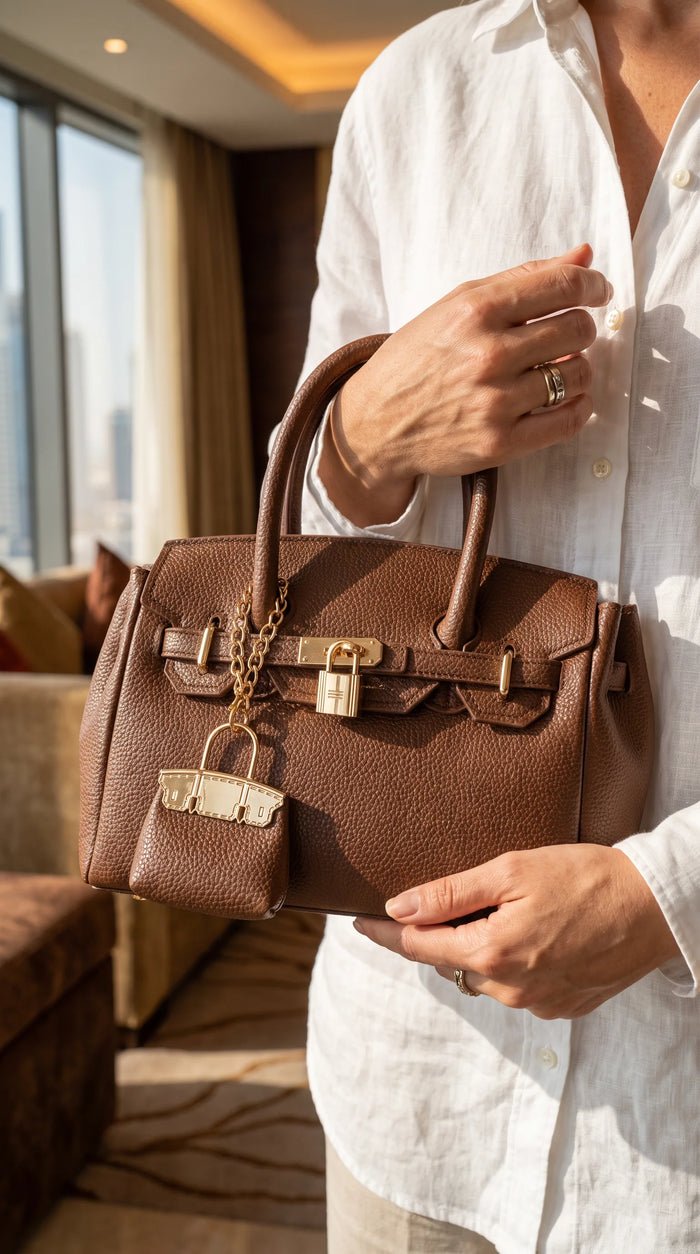 Mocha Lola bag held in both hands